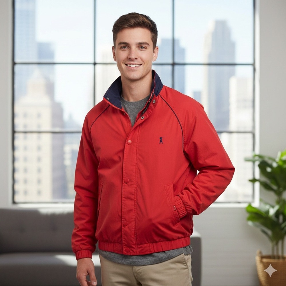Jonathan Stone Golf Wear Red Windbreaker Jacket Hidden Hood‎ Plaid Lining